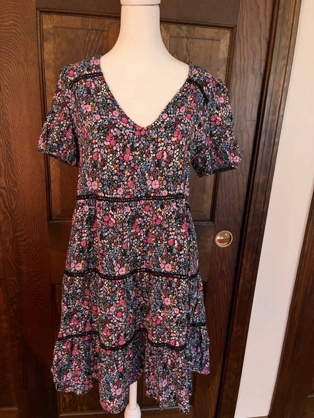 wild fable Black Floral Mini Dress with Pink and Blue Blossoms
